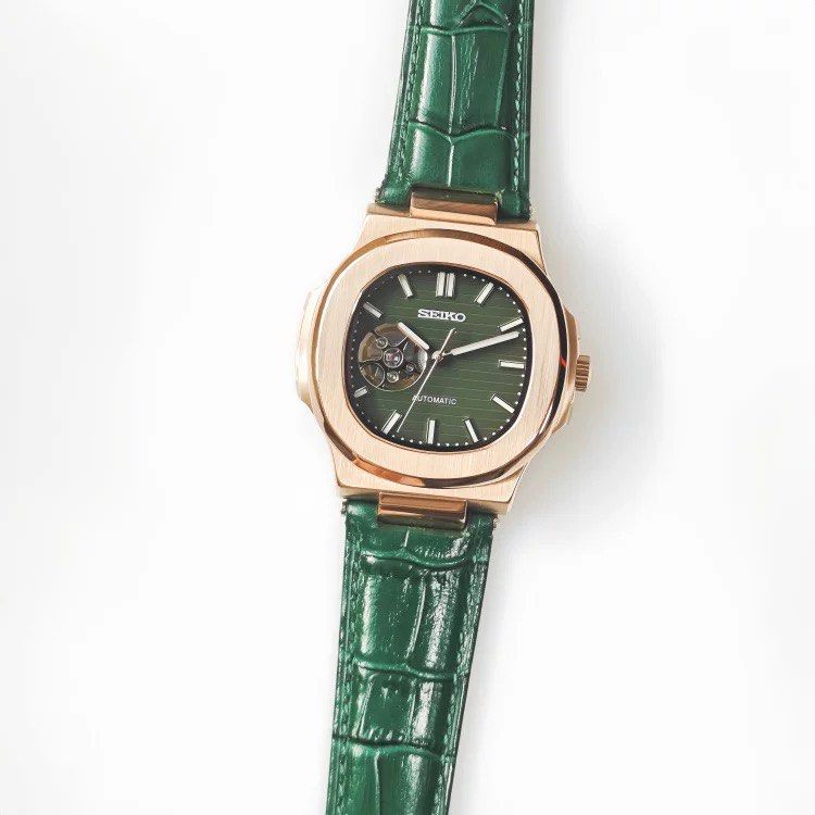ROSE GOLD GREEN LEATHER OPEN HEART Seiko Mod NAUTIKO