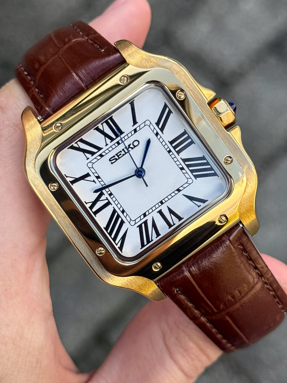 BROWN LEATHER GOLD Seiko Mod SANTOS