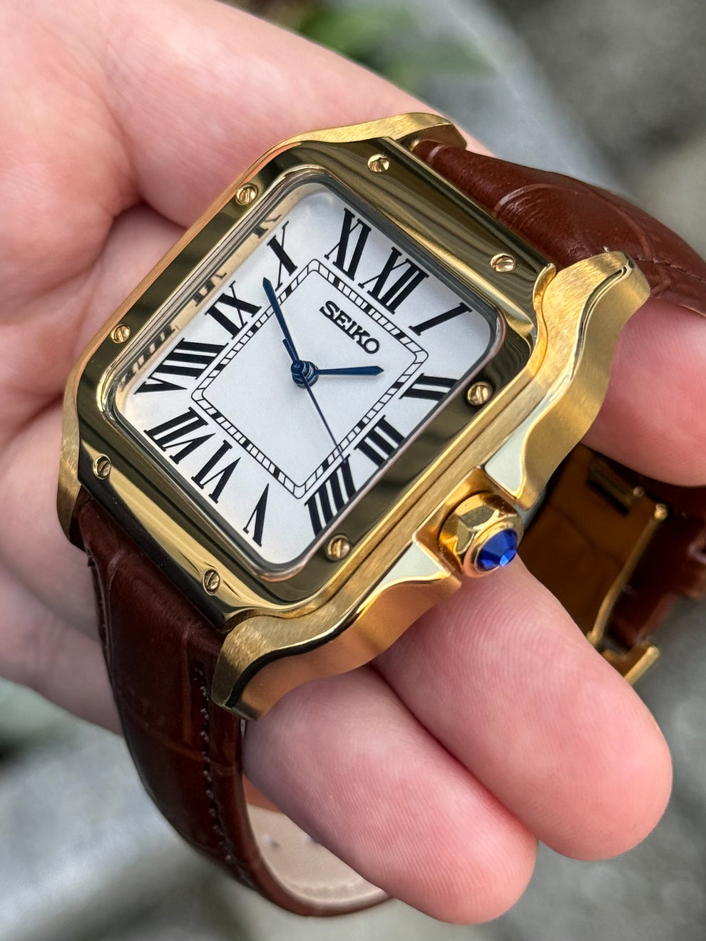 BROWN LEATHER GOLD Seiko Mod SANTOS