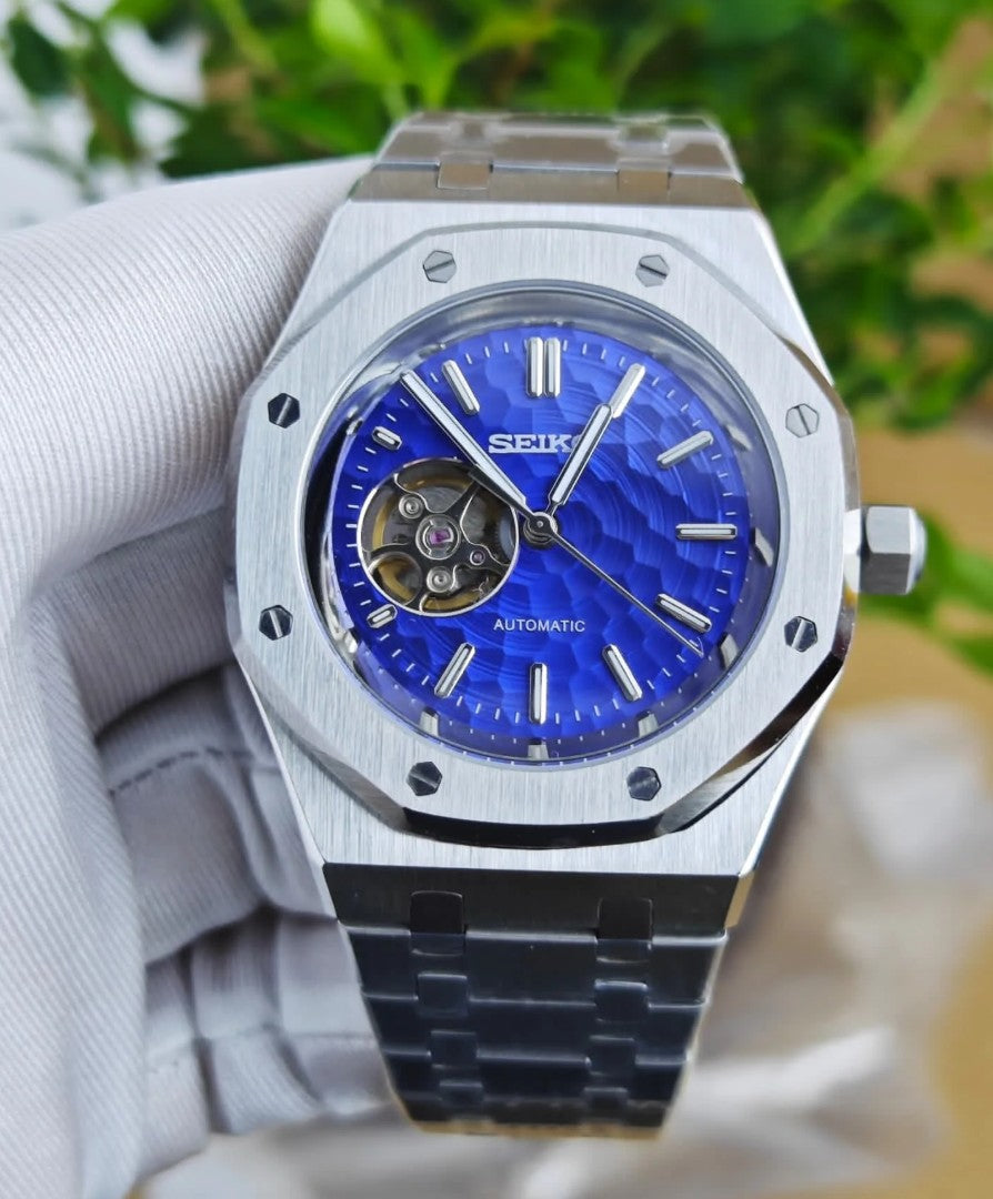 STEEL OPEN HEART BLUE DIAL TEXTURE SEIKO MOD ROYAL SEIKOAK