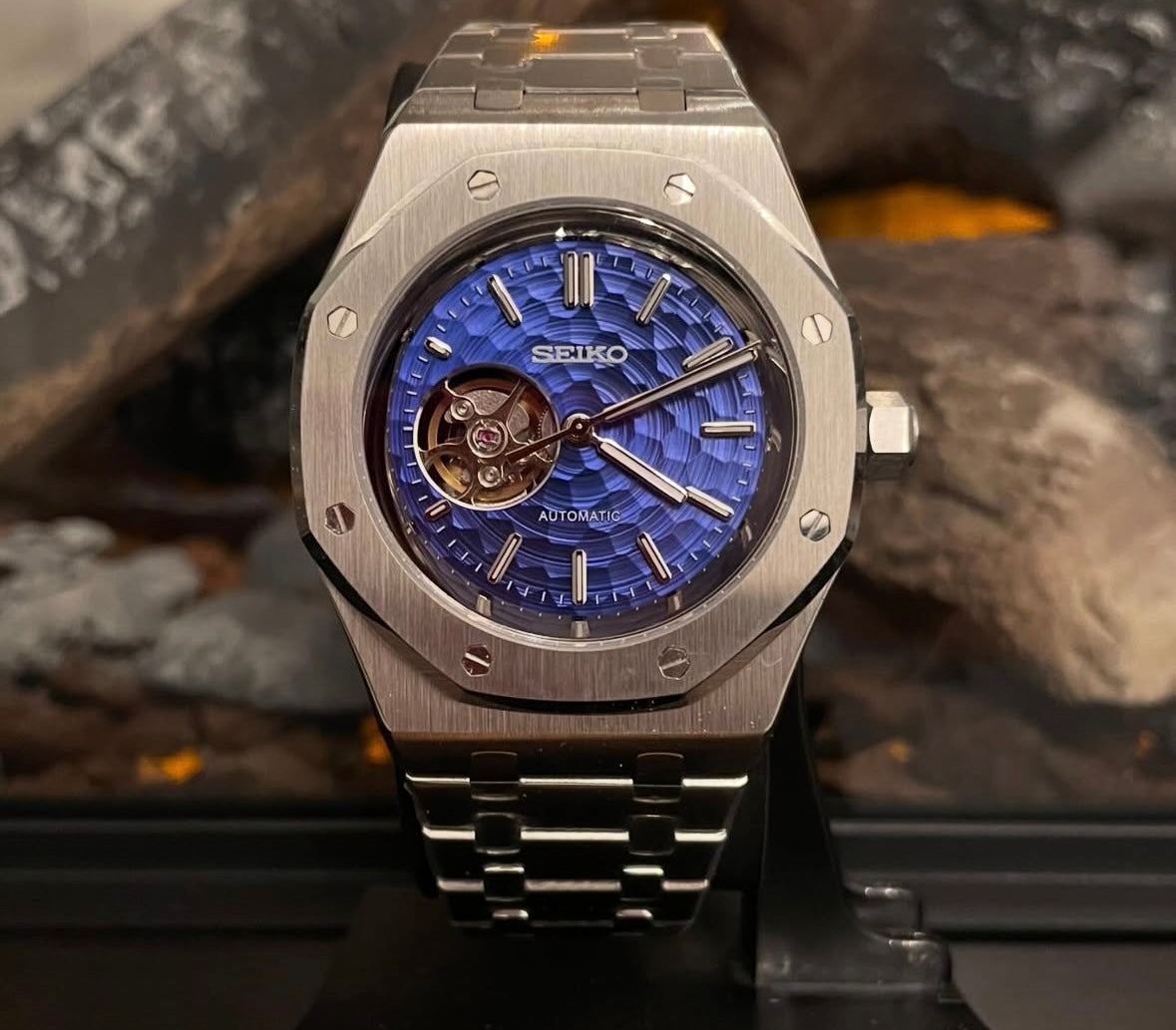 STEEL OPEN HEART BLUE DIAL TEXTURE SEIKO MOD ROYAL SEIKOAK