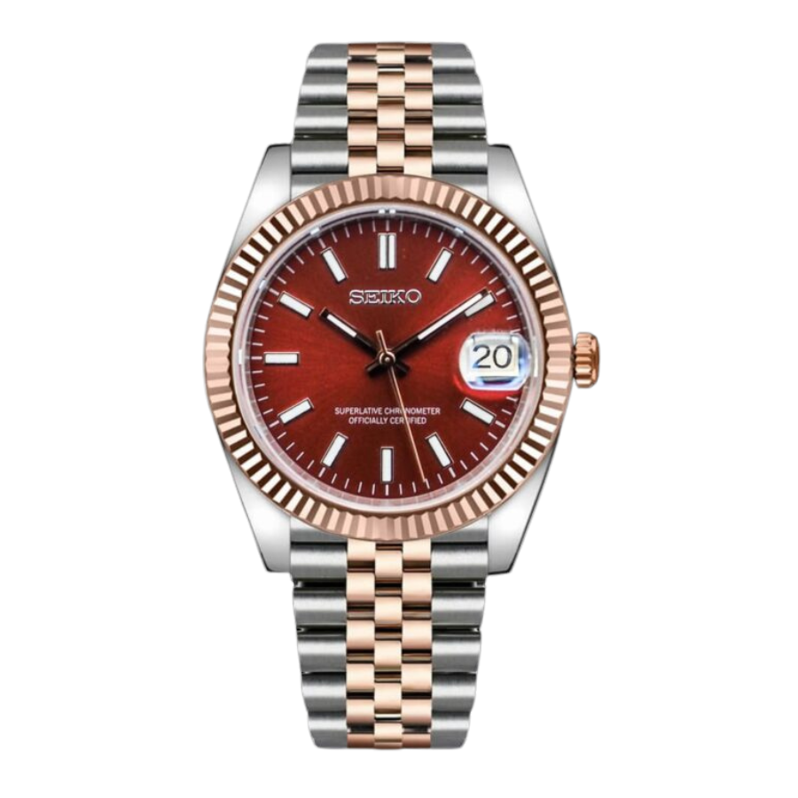 RED Texture Classic Dial Steel / ROSE Jubliee Seiko Mod SEIKJUST