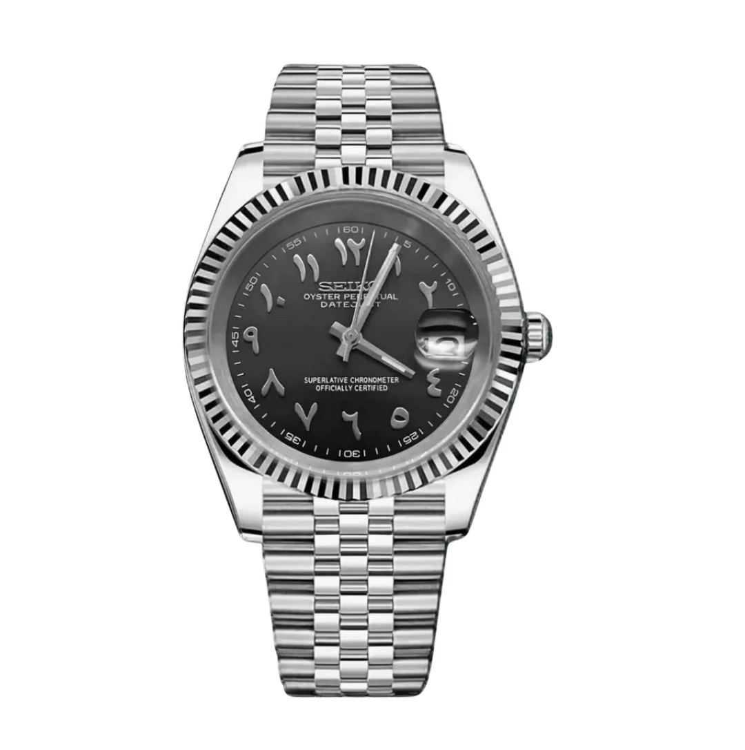 black Arabic dial stainless steel Seiko NH35 mod watch on jubilee bracelet, front view