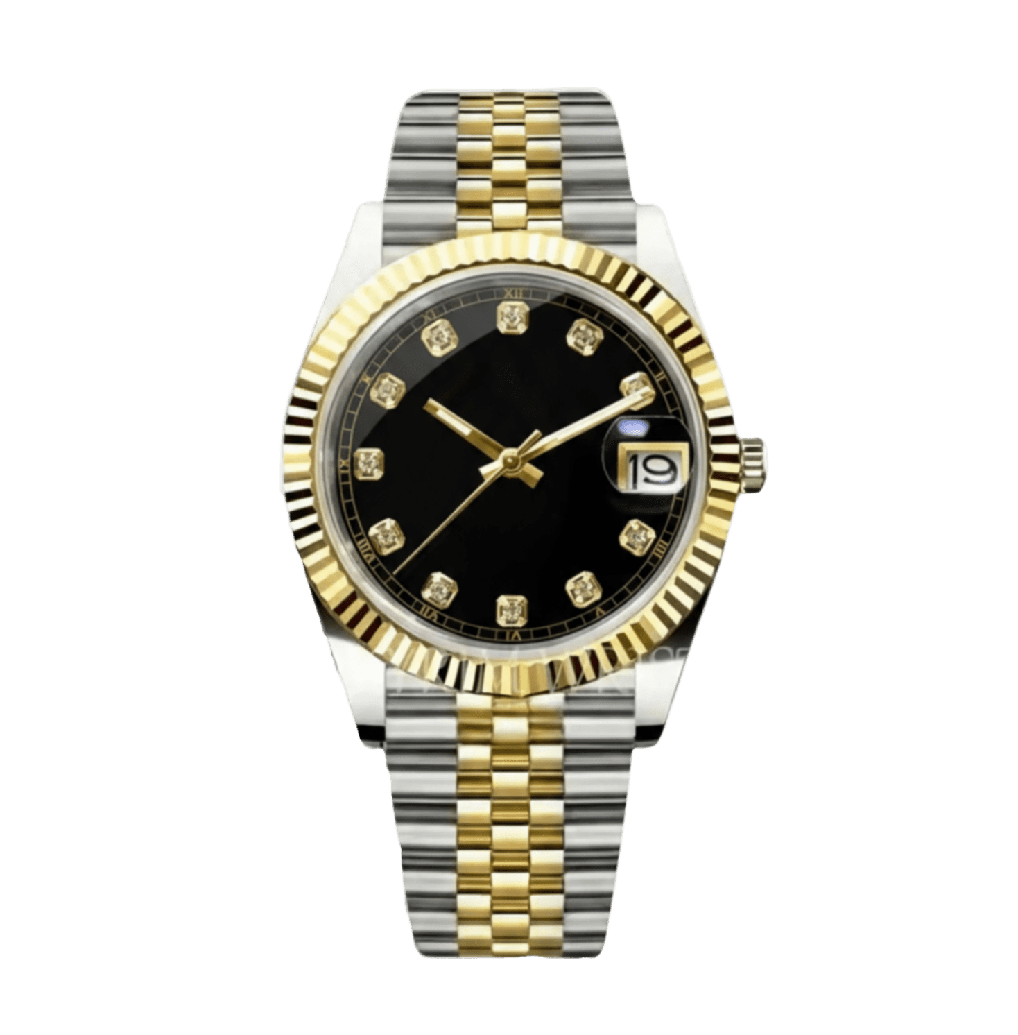 black diamond dial two-tone gold and stainless steel Seiko NH35 mod watch on jubilee bracelet, front view