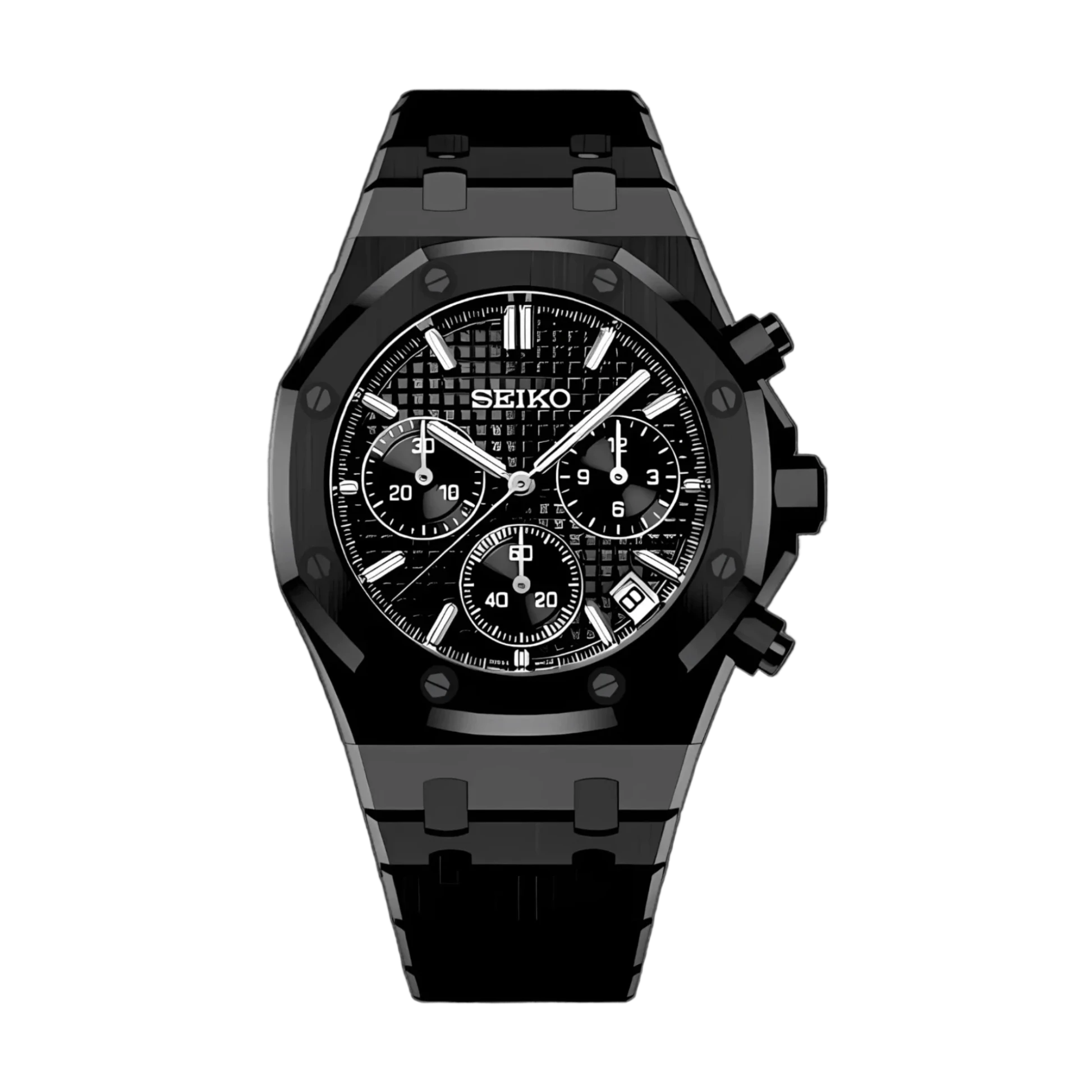 seiko mod royal oak chronograph full black octagonal bezel VK63 quartz front view premium finish