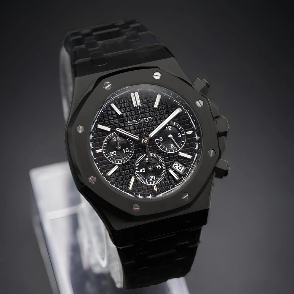 seiko mod royal oak chronograph full black VK63 quartz textured black dial integrated bracelet