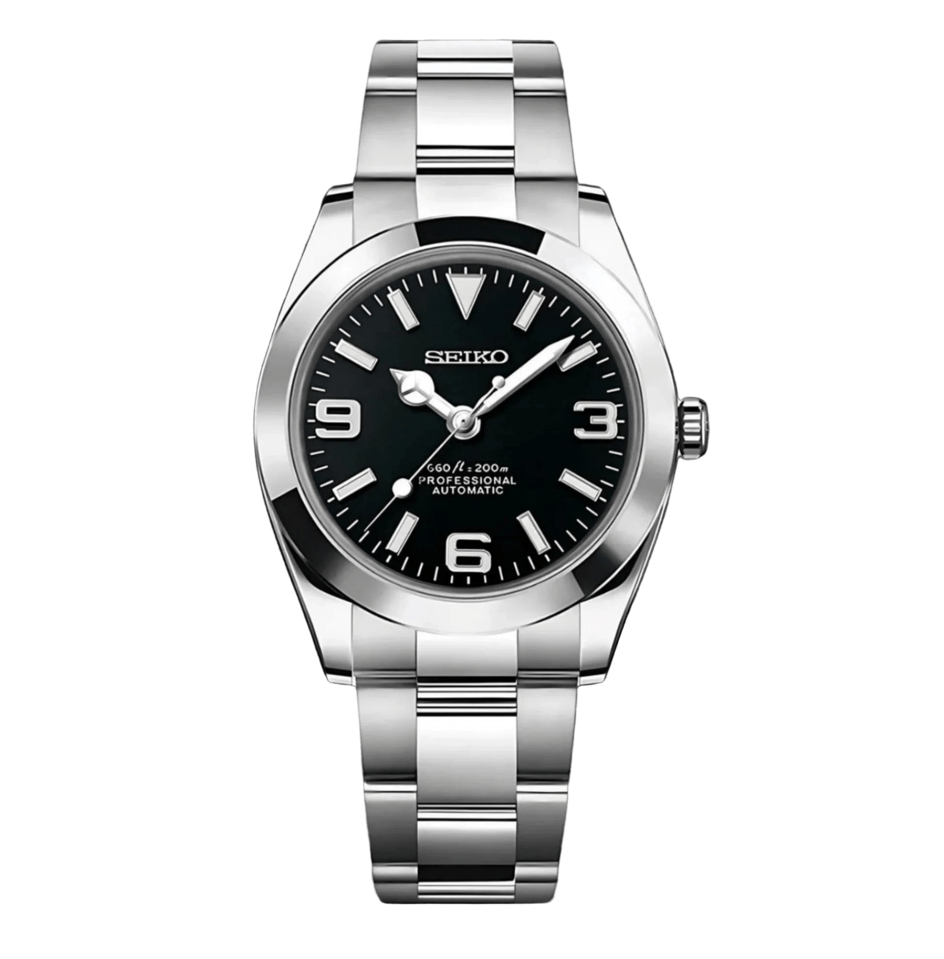 black 3-6-9 dial stainless steel Seiko NH35 mod watch on oyster bracelet, front view