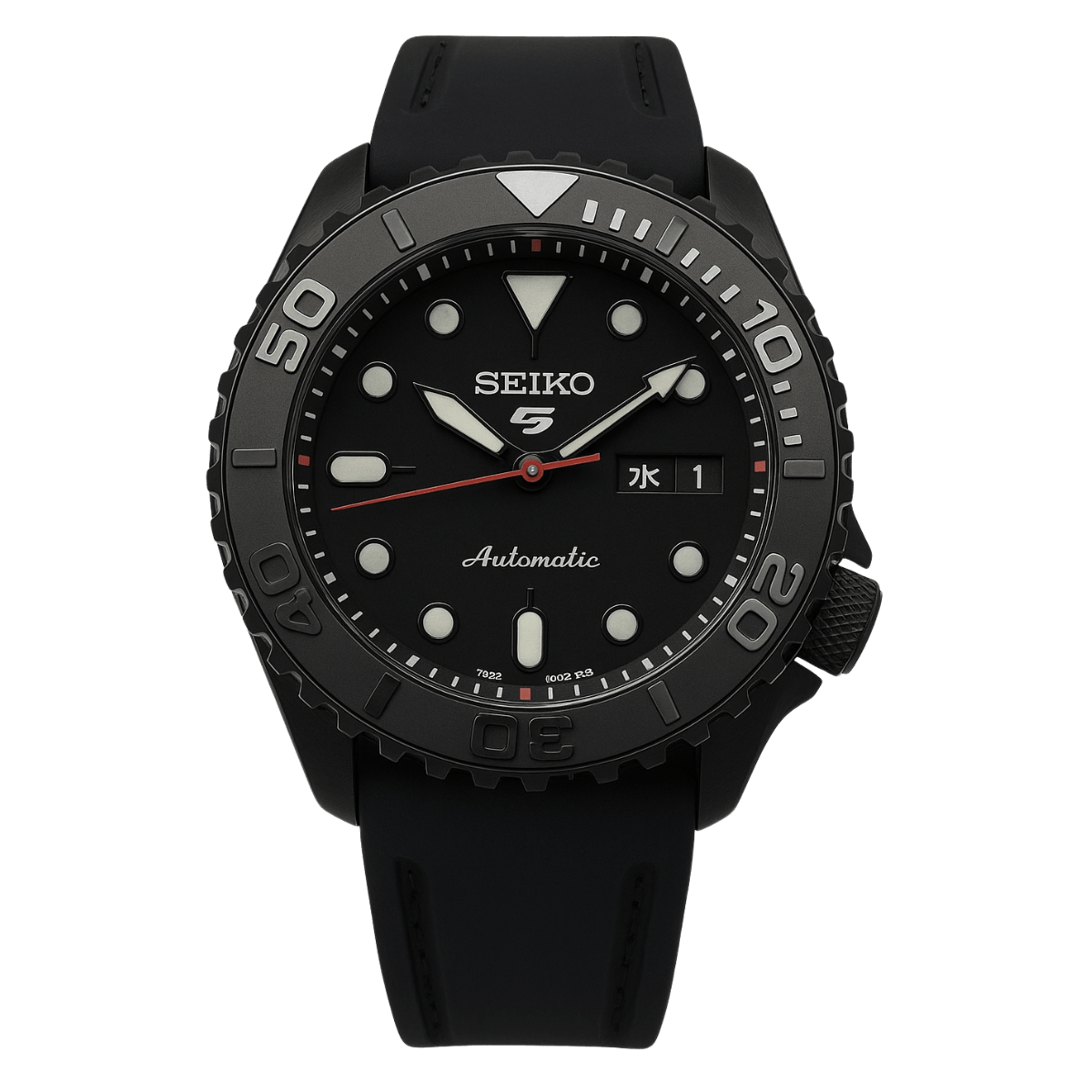 black nautilus seiko mod automatic watch full black front view