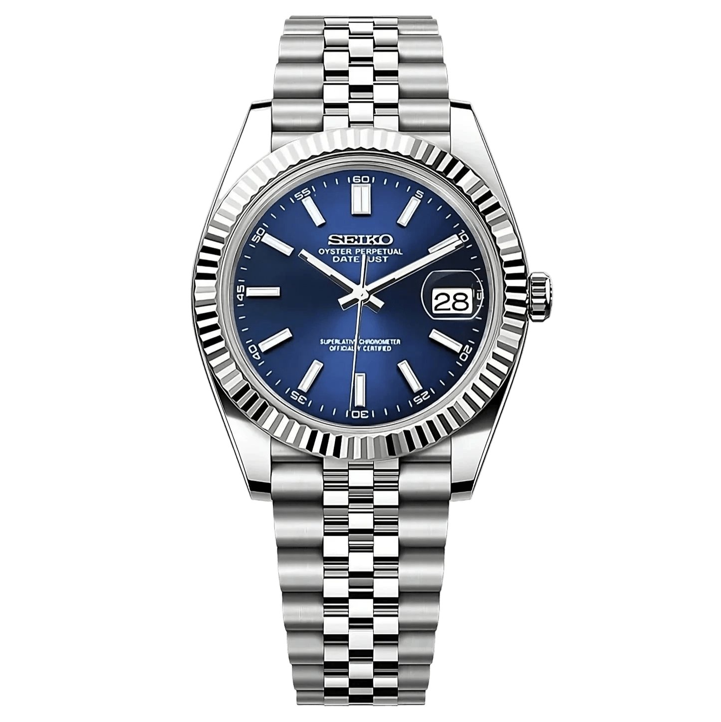 blue dial stainless steel Seiko NH35 mod watch with fluted bezel on jubilee bracelet, front view