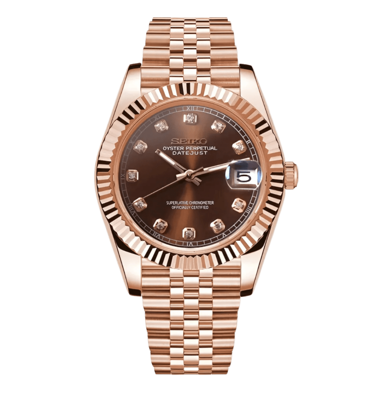 brown diamond dial rose gold Seiko NH35 mod watch on jubilee bracelet, front view