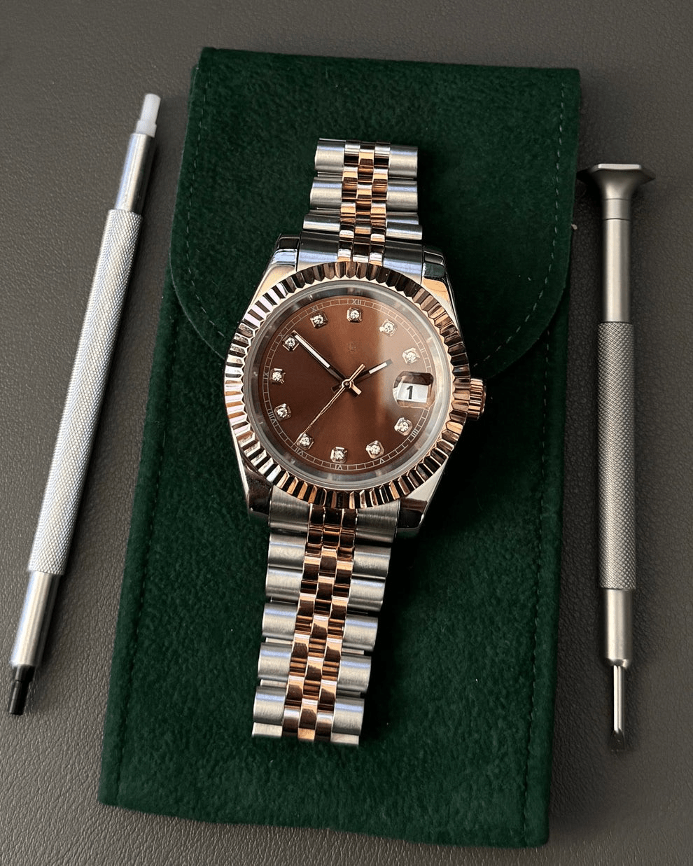 brown diamond dial two-tone rose gold and stainless steel Seiko NH35 mod watch on jubilee bracelet, product shot