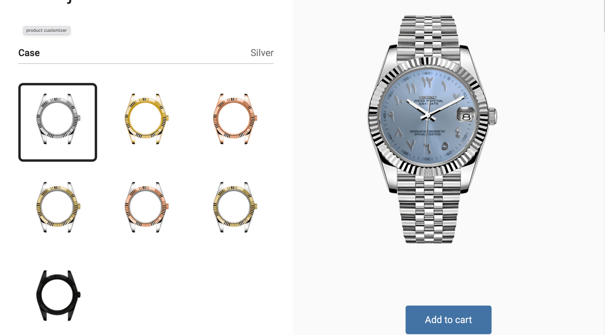 datejust-style seiko mod configurator stainless steel case and fluted bezel preview