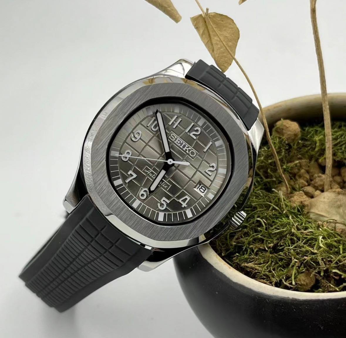 black nautilus seiko mod automatic watch lifestyle shot