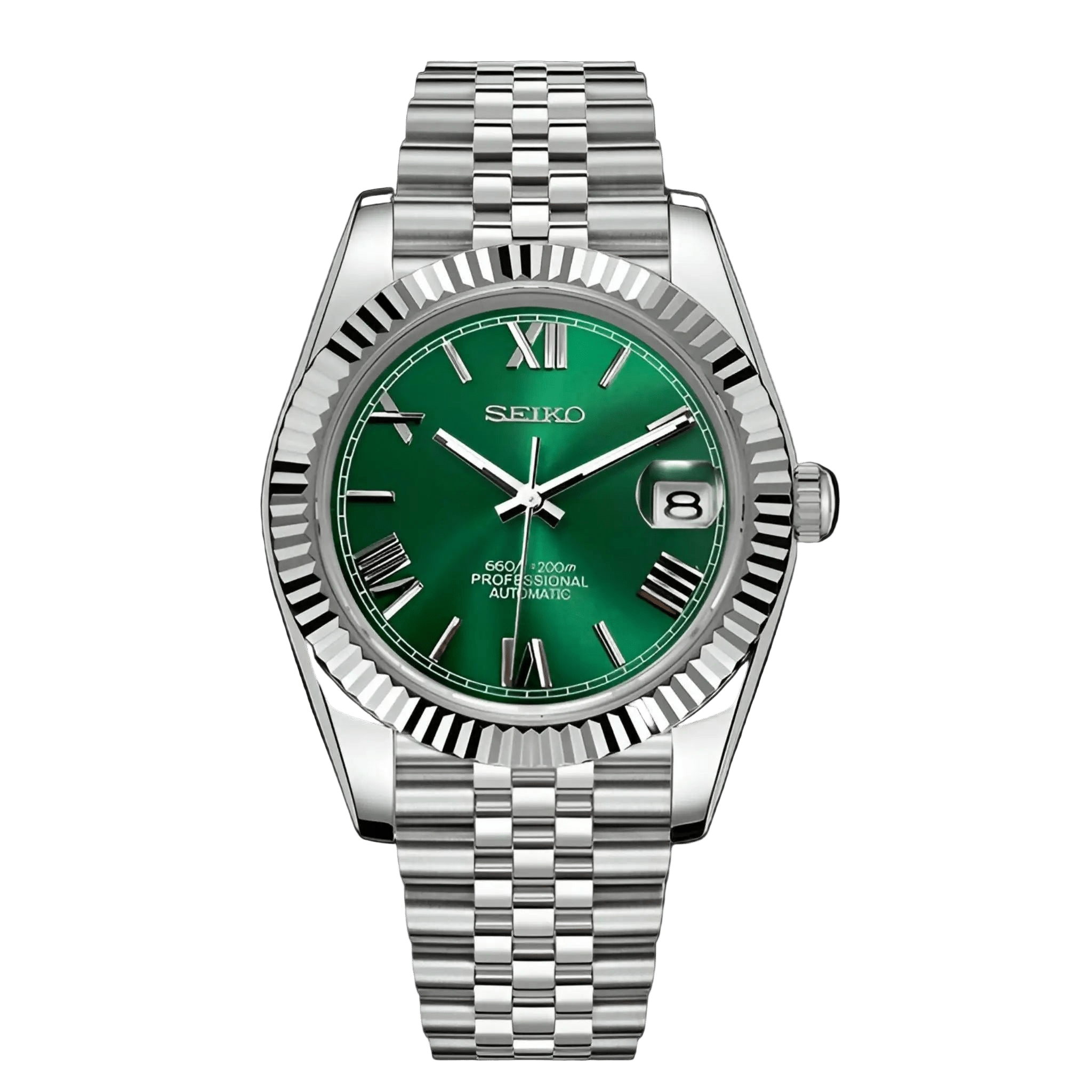 green dial seiko mod datejust-style automatic watch front view