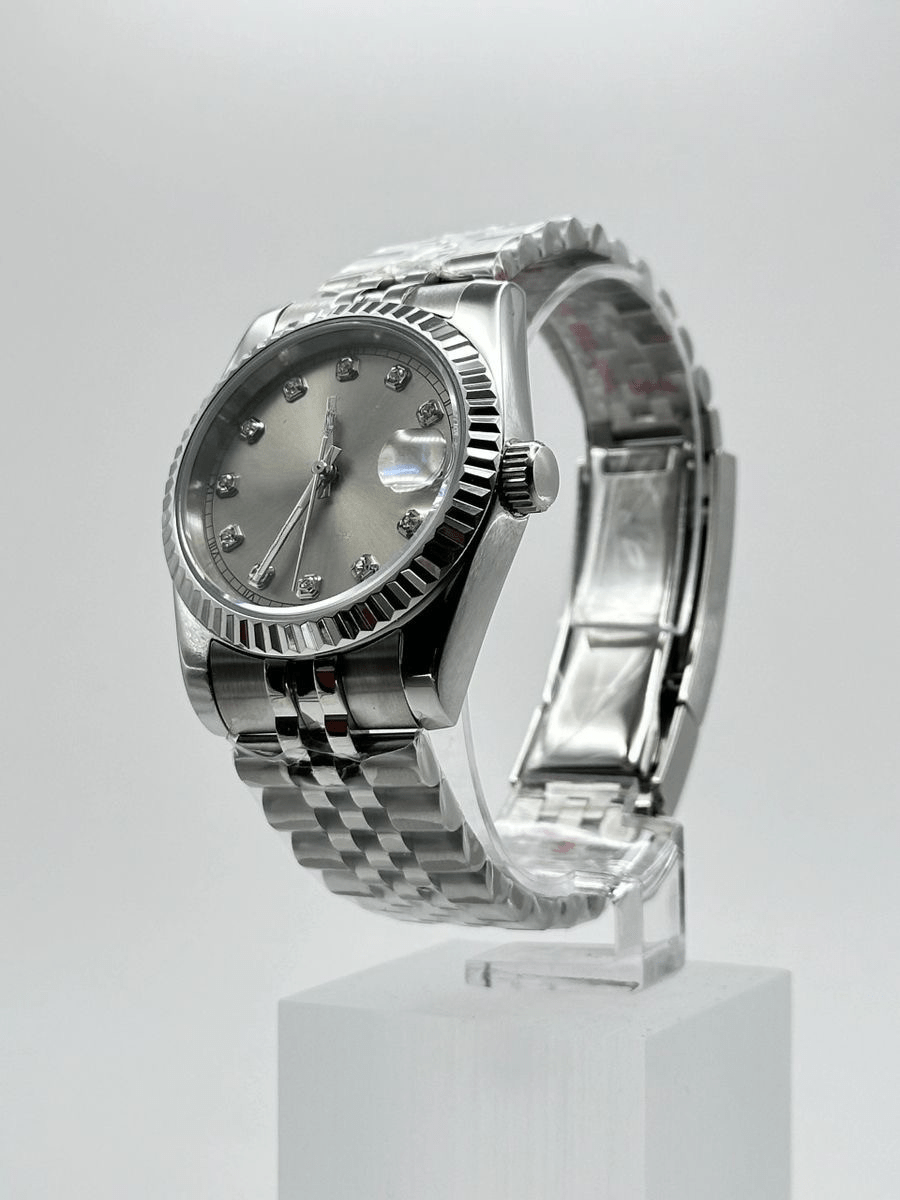 silver diamond index Seiko mod automatic watch with stainless steel bracelet, product shot