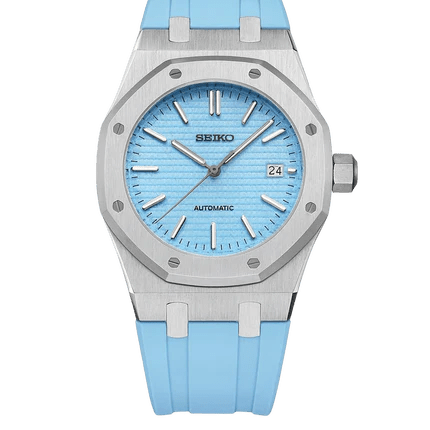 seiko mod royal oak style NH35 automatic stainless steel octagonal bezel ice blue textured dial front view