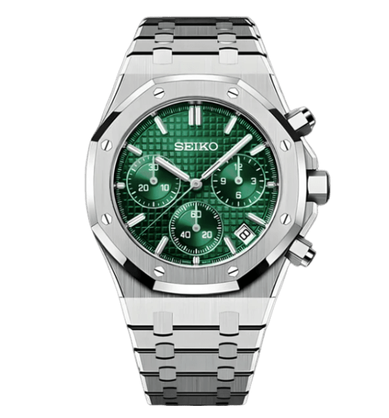 Seiko Mod Royal Oak Chronograph Green close-up showing octagonal bezel and integrated bracelet