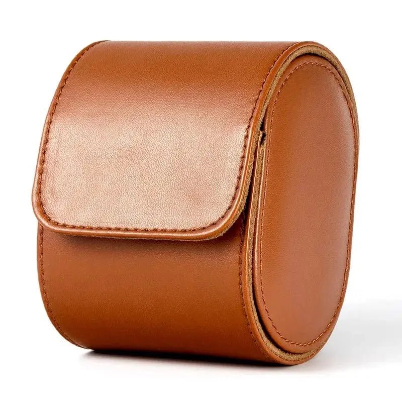 watch travel case brown leather single watch roll pouch closed with snap closure