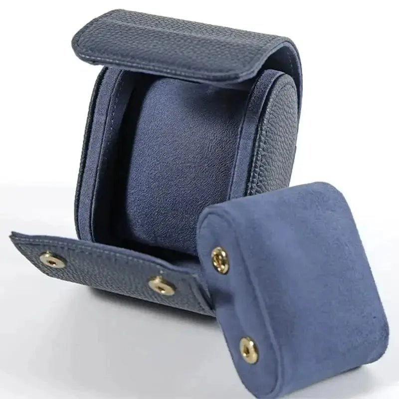 watch travel case midnight blue leather single watch roll pouch closed with snap closure
