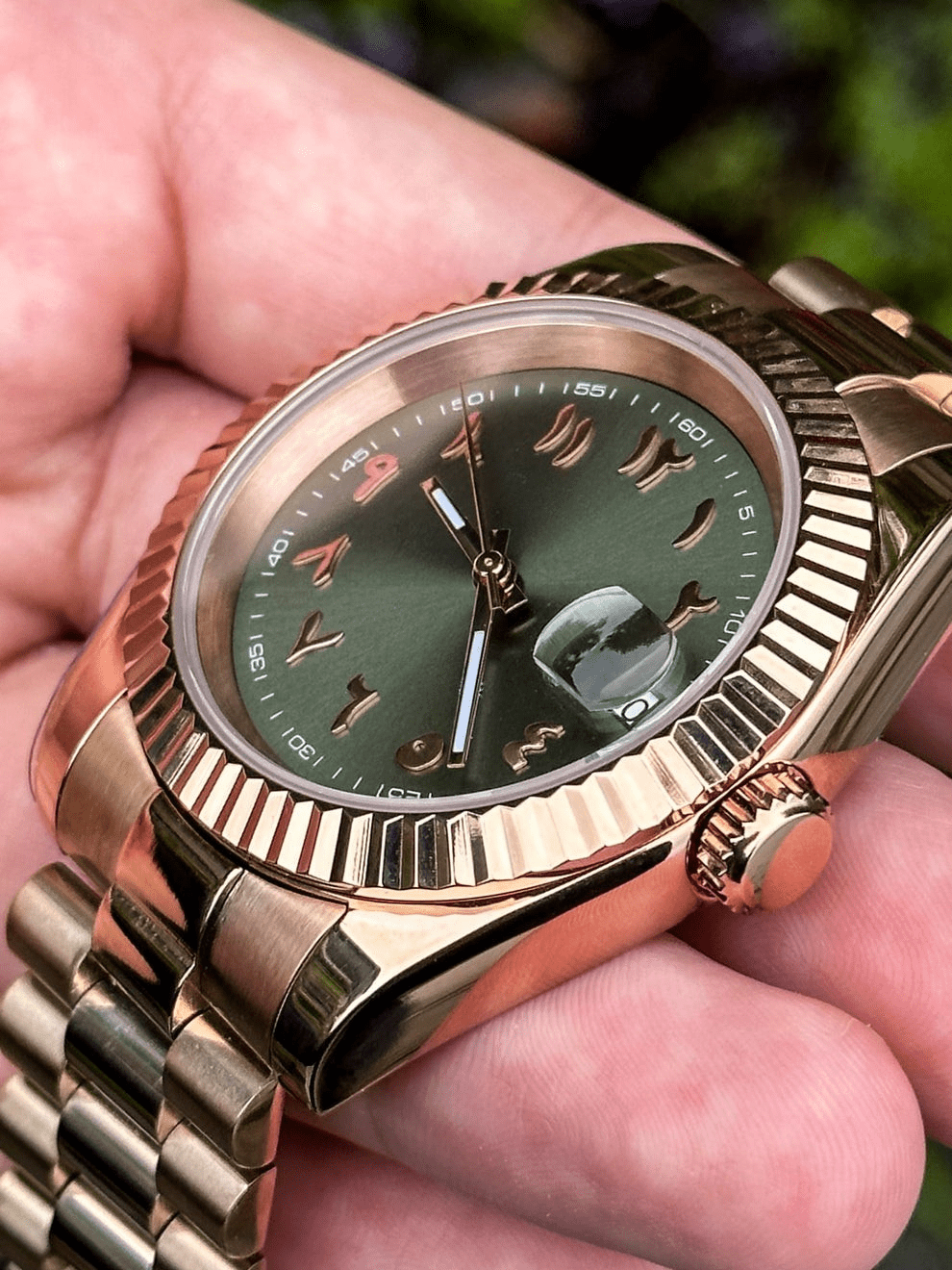 exhibition caseback of green rose gold Arabic Seiko NH35 mod watch