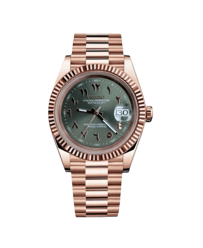 green rose gold Arabic Seiko NH35 mod watch on jubilee bracelet, front view