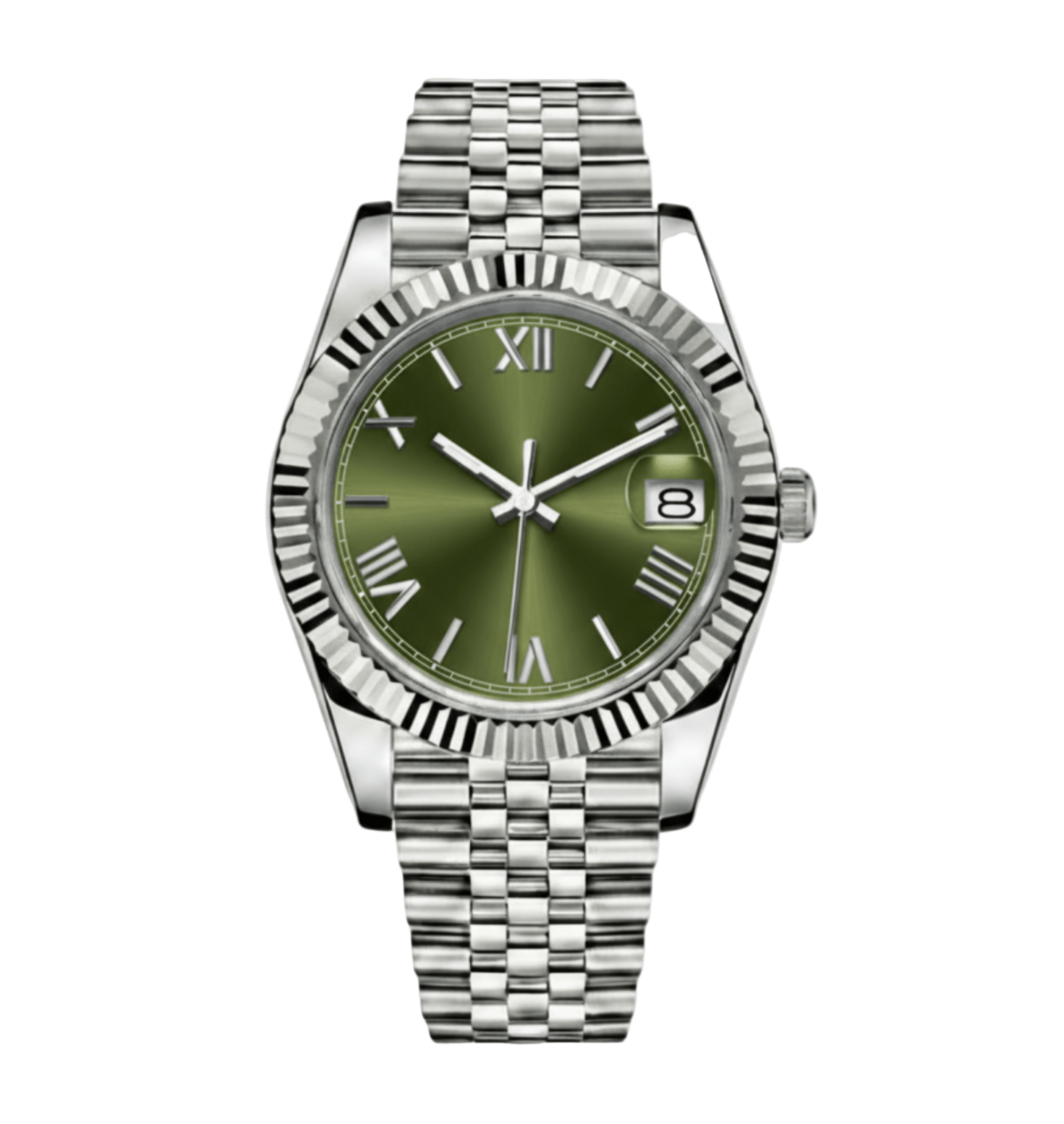 green Roman dial stainless steel Seiko NH35 mod watch on jubilee bracelet, front view on white background