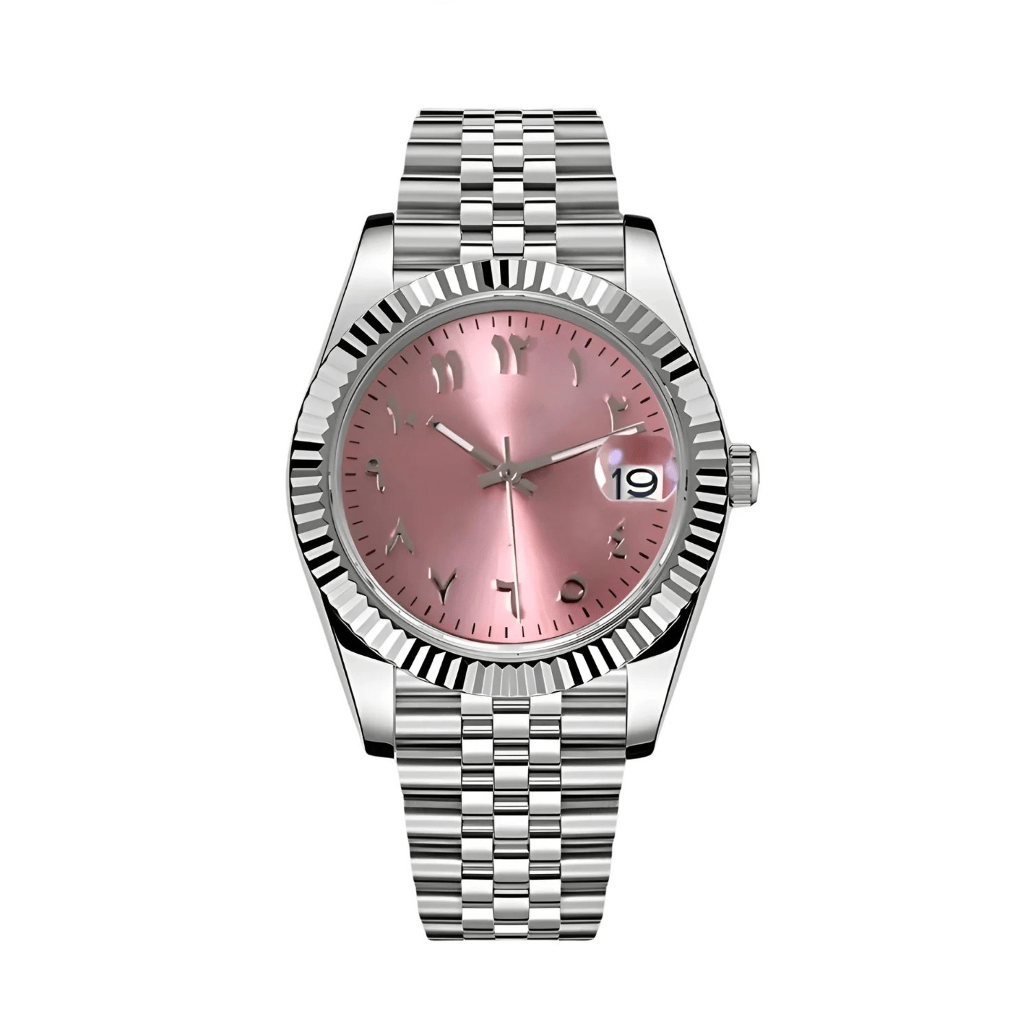 pink Arabic dial stainless steel Seiko NH35 mod watch on jubilee bracelet, front view no logo
