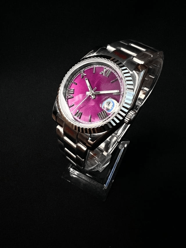 purple Roman dial stainless steel Seiko mod watch angled on black background