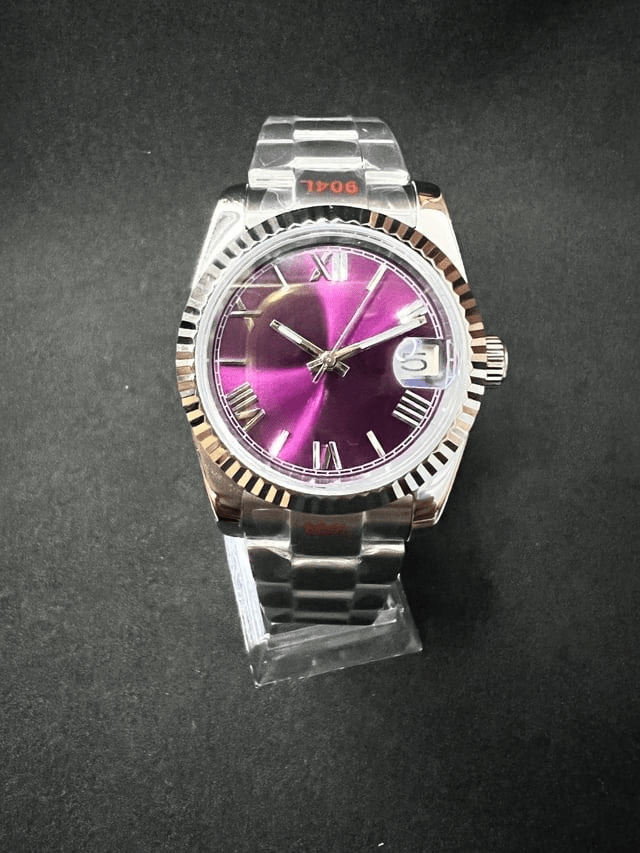 purple Roman dial stainless steel Seiko NH35 mod watch standing on display stand, black background
