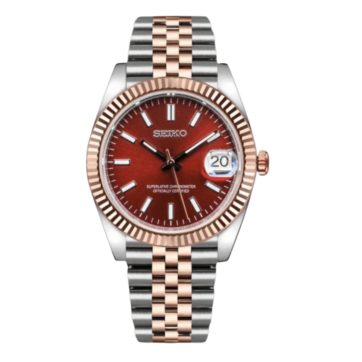 red sunburst dial two-tone rose gold and stainless steel Seiko NH35 mod watch with fluted bezel on jubilee bracelet, front view