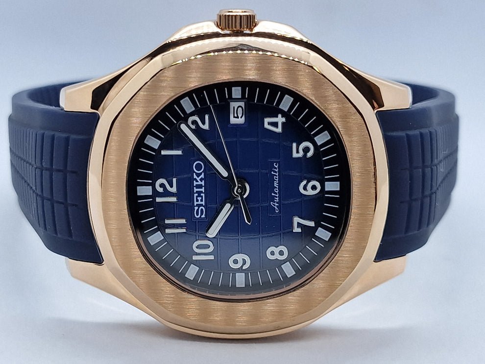 rose gold blue seiko mod nautiko date window at 3 oclock