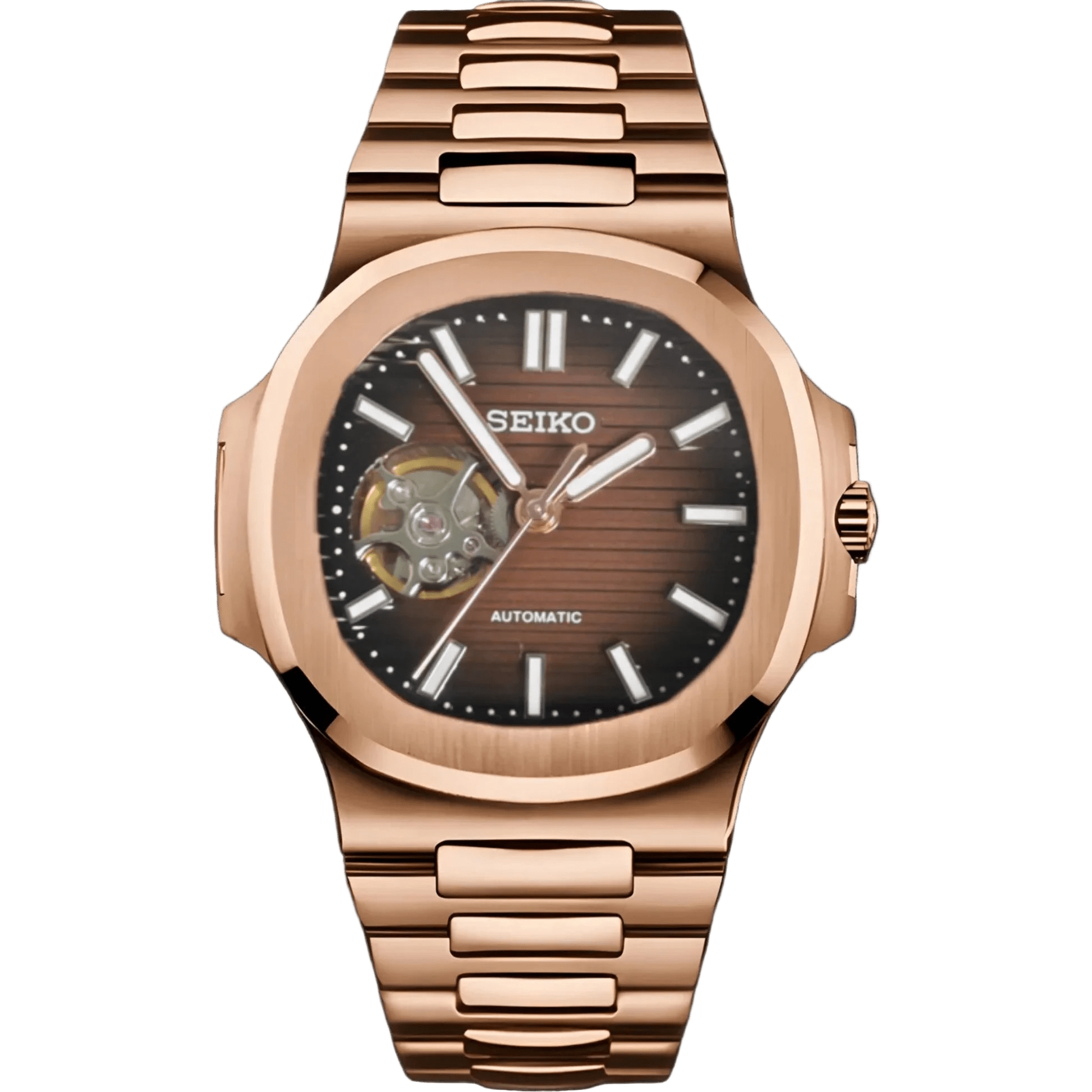 Seiko mod nautiko integrated bracelet rose gold case close-up brown open heart dial