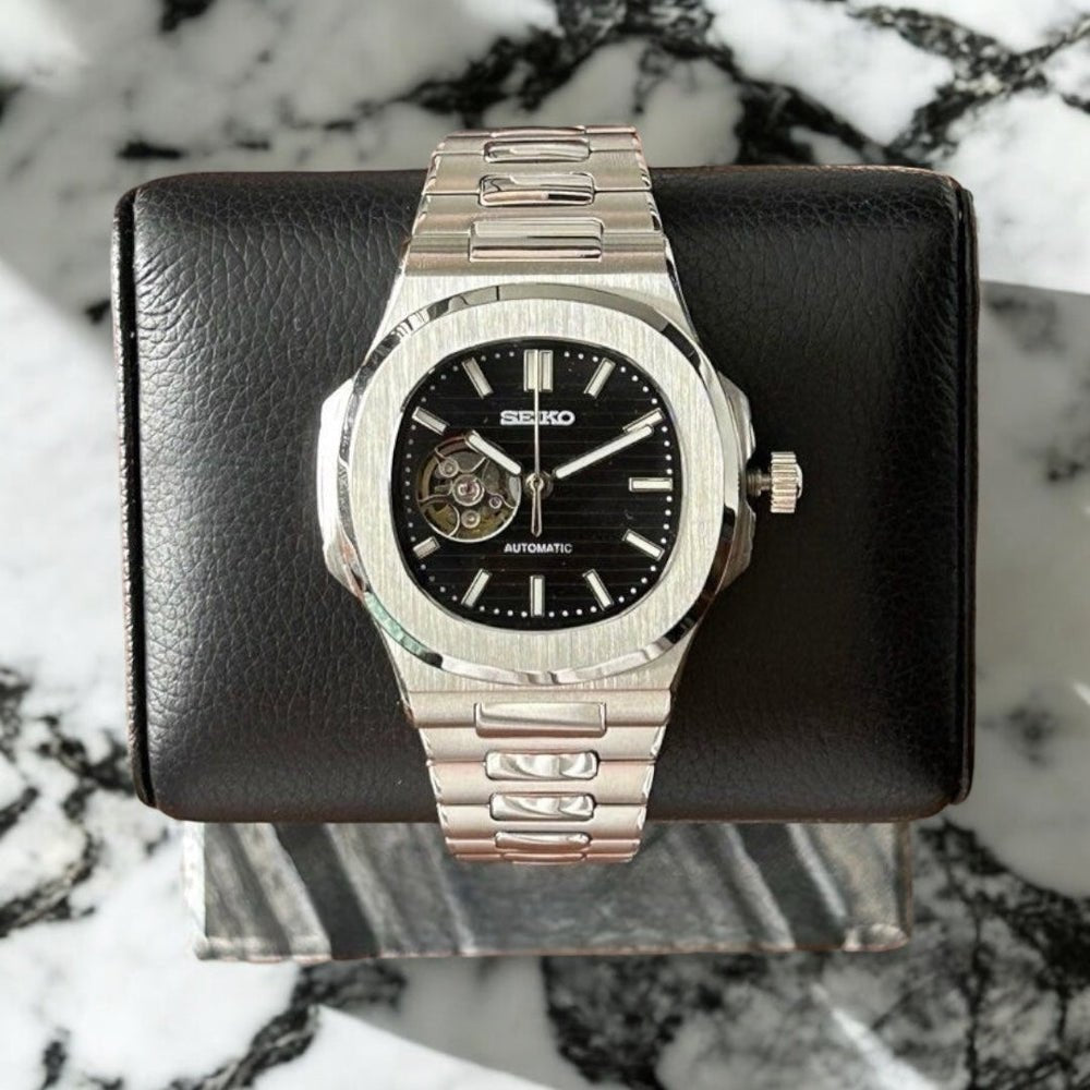 Seiko mod nautiko NH38 automatic open heart with black striped dial and steel bracelet