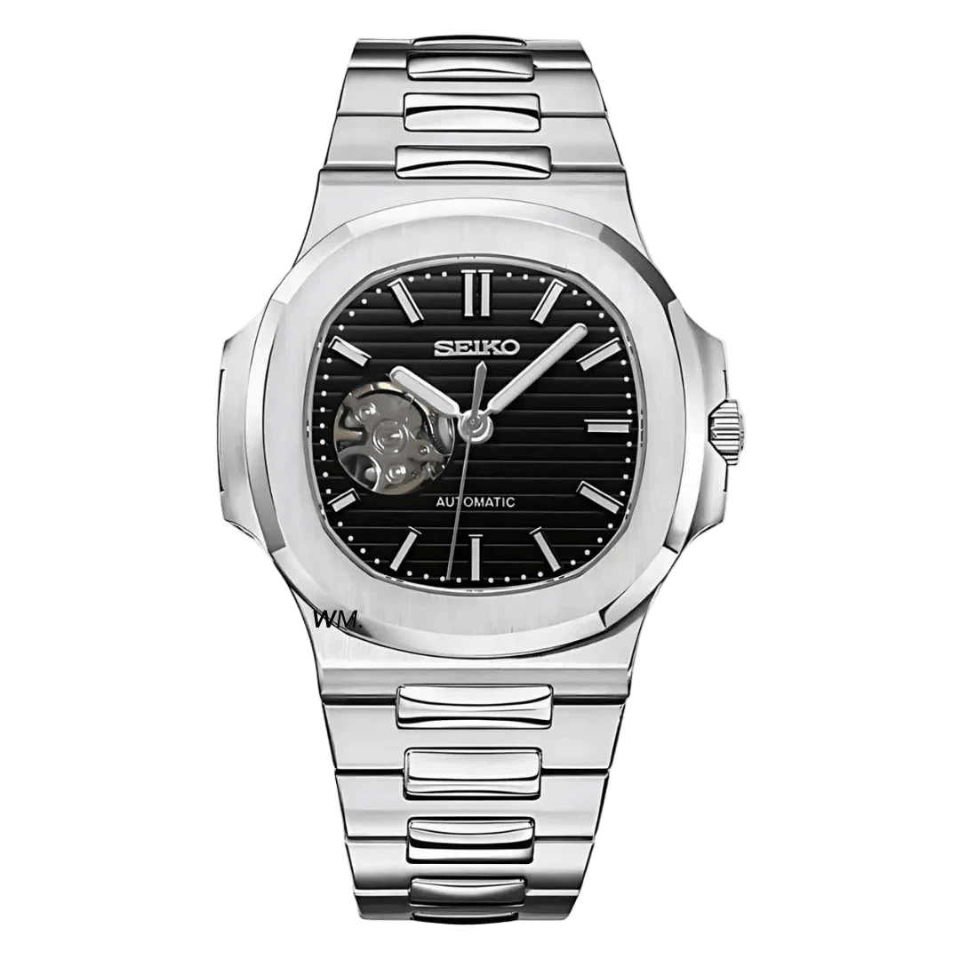 Seiko mod nautiko open heart stainless steel watch with black dial integrated bracelet