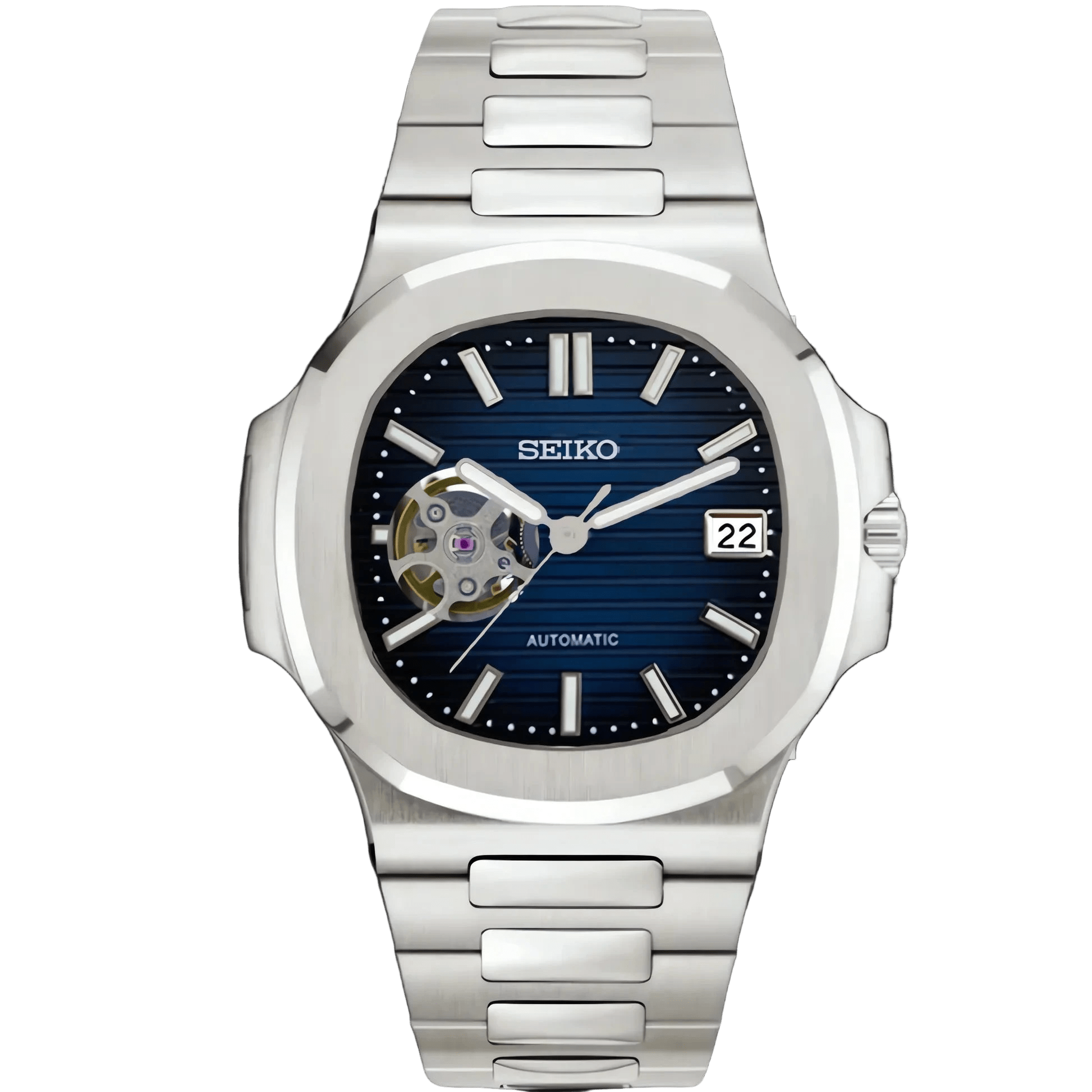 Seiko Mod Nautiko Open Heart Blue Striped Dial Close Up