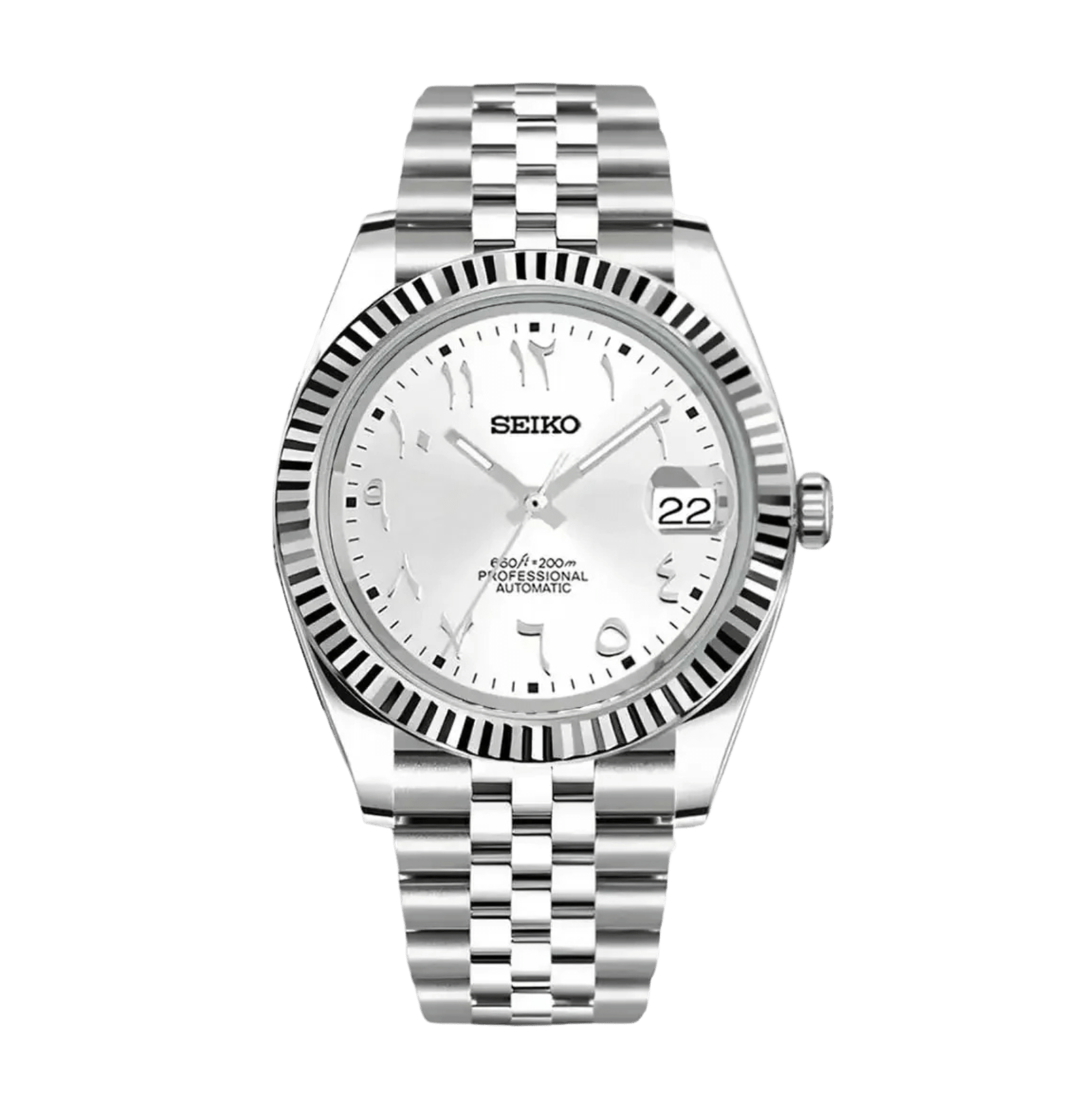 silver Arabic dial stainless steel Seiko NH35 mod watch on jubilee bracelet, front view