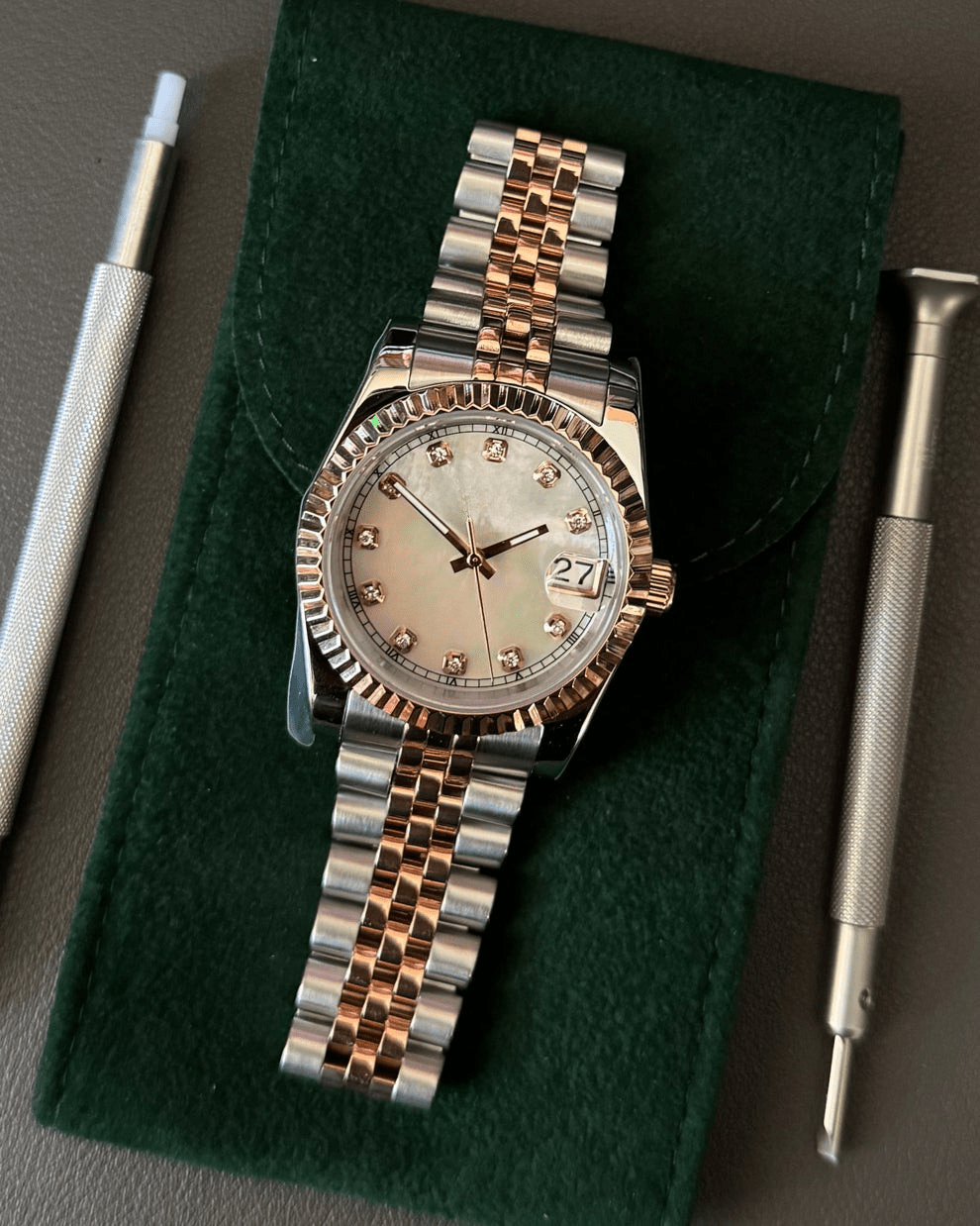 ladies white diamond dial two-tone rose gold and steel Seiko NH35 mod watch on jubilee bracelet, product shot no logo