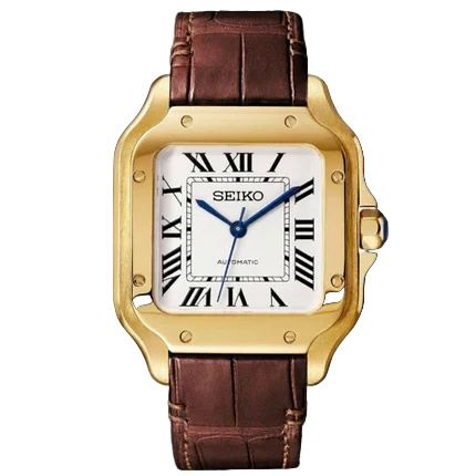BROWN LEATHER GOLD Seiko Mod SANTOS
