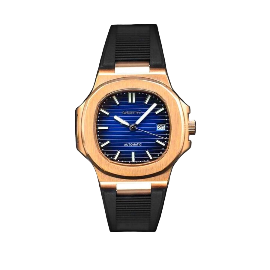 ROSE GOLD BLACK BLUE RUBBER STRAP Seiko Mod NAUTIKO