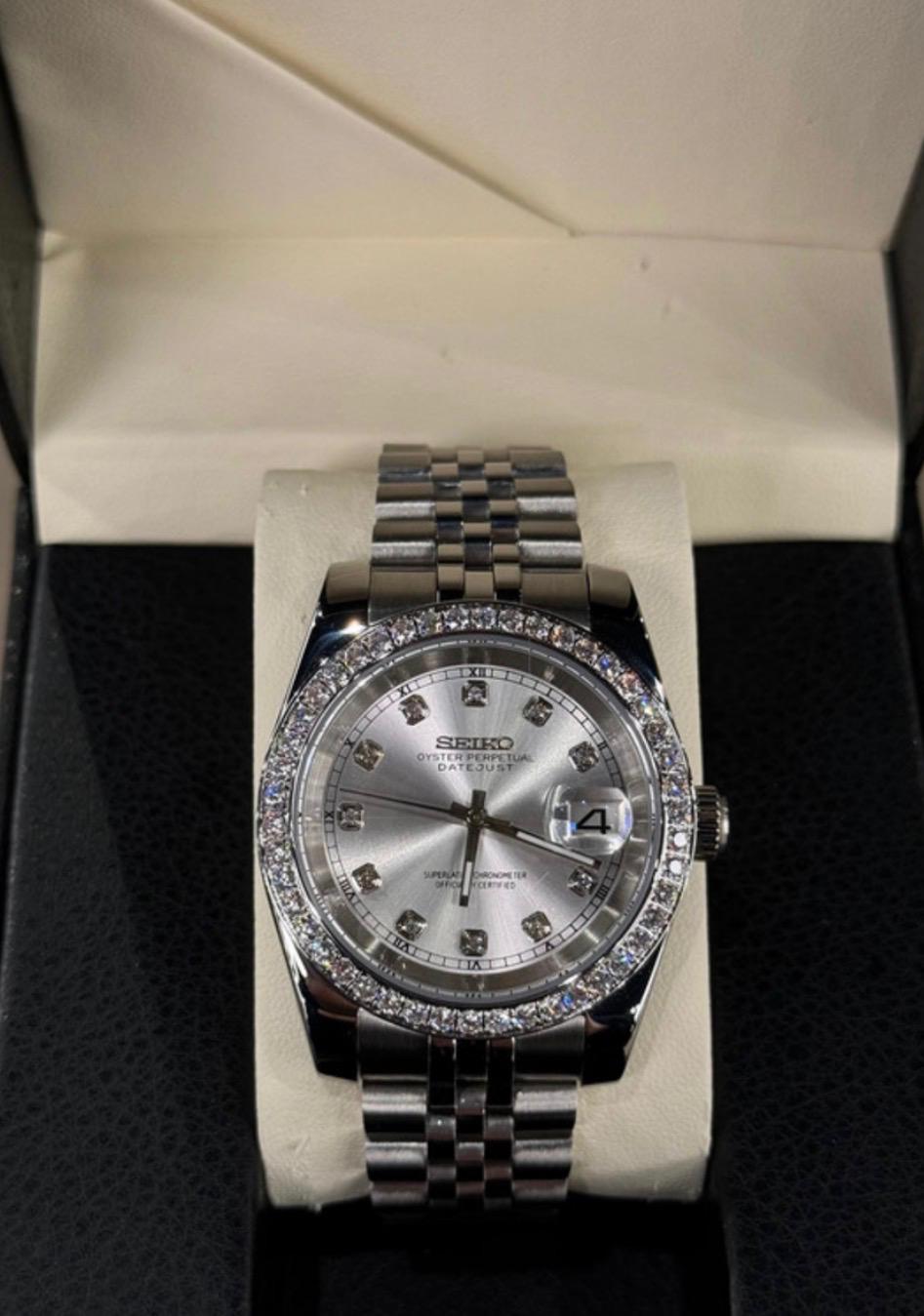 GREY DIAMOND DIAL DIAMOND BEZEL STEEL SEIKO MOD SEIKJUST