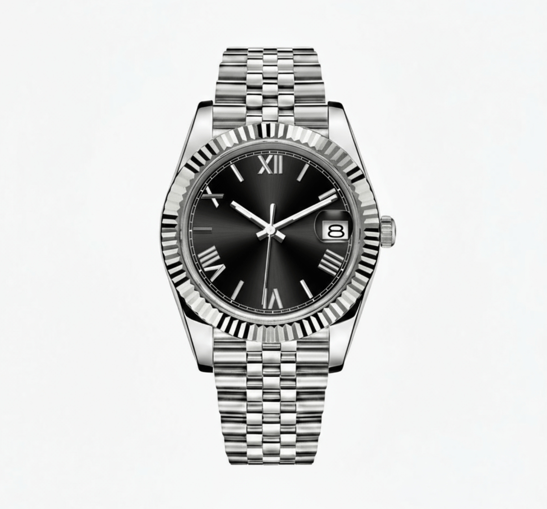 black Roman dial stainless steel Seiko NH35 mod watch on jubilee bracelet, front view on white background no logo