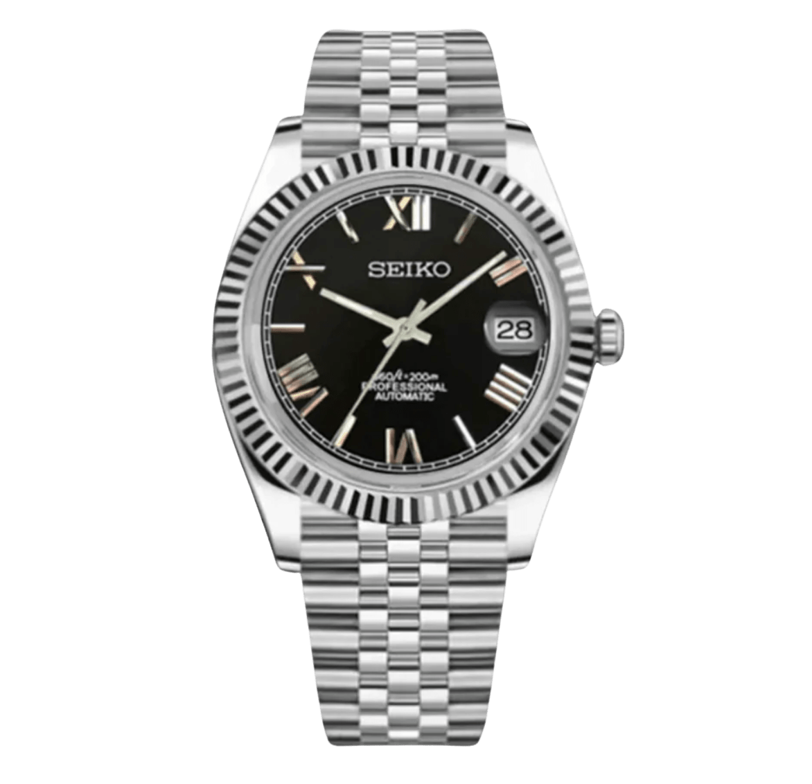 black Roman dial stainless steel Seiko NH35 mod watch on jubilee bracelet, front view on white background