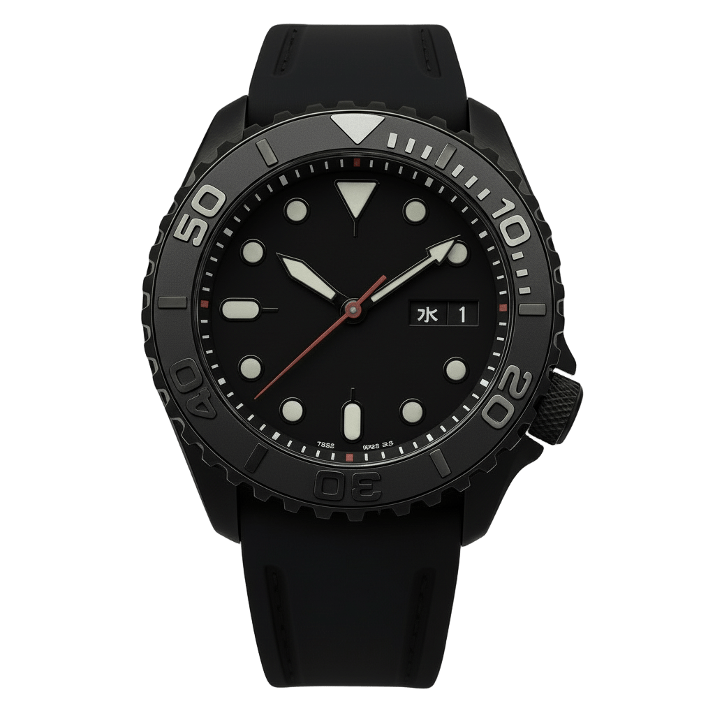 blackout seiko mod yachtmaster full black watch front view