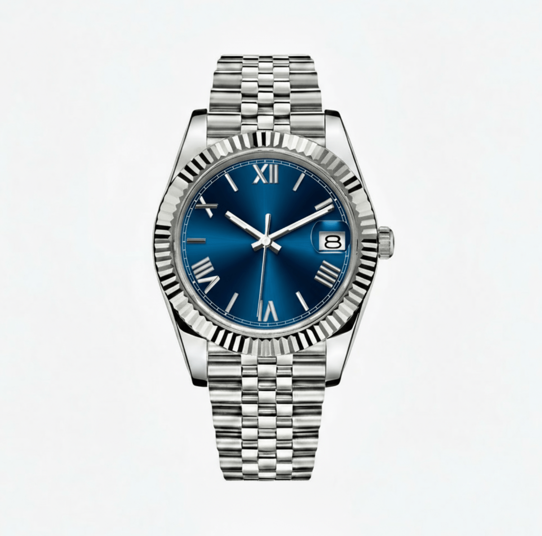 full shot of blue Roman dial stainless steel Seiko mod watch on jubilee bracelet, white background
