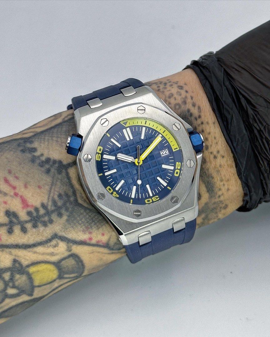 seiko mod royal oak diver style blue dial yellow accent blue rubber strap NH35 automatic