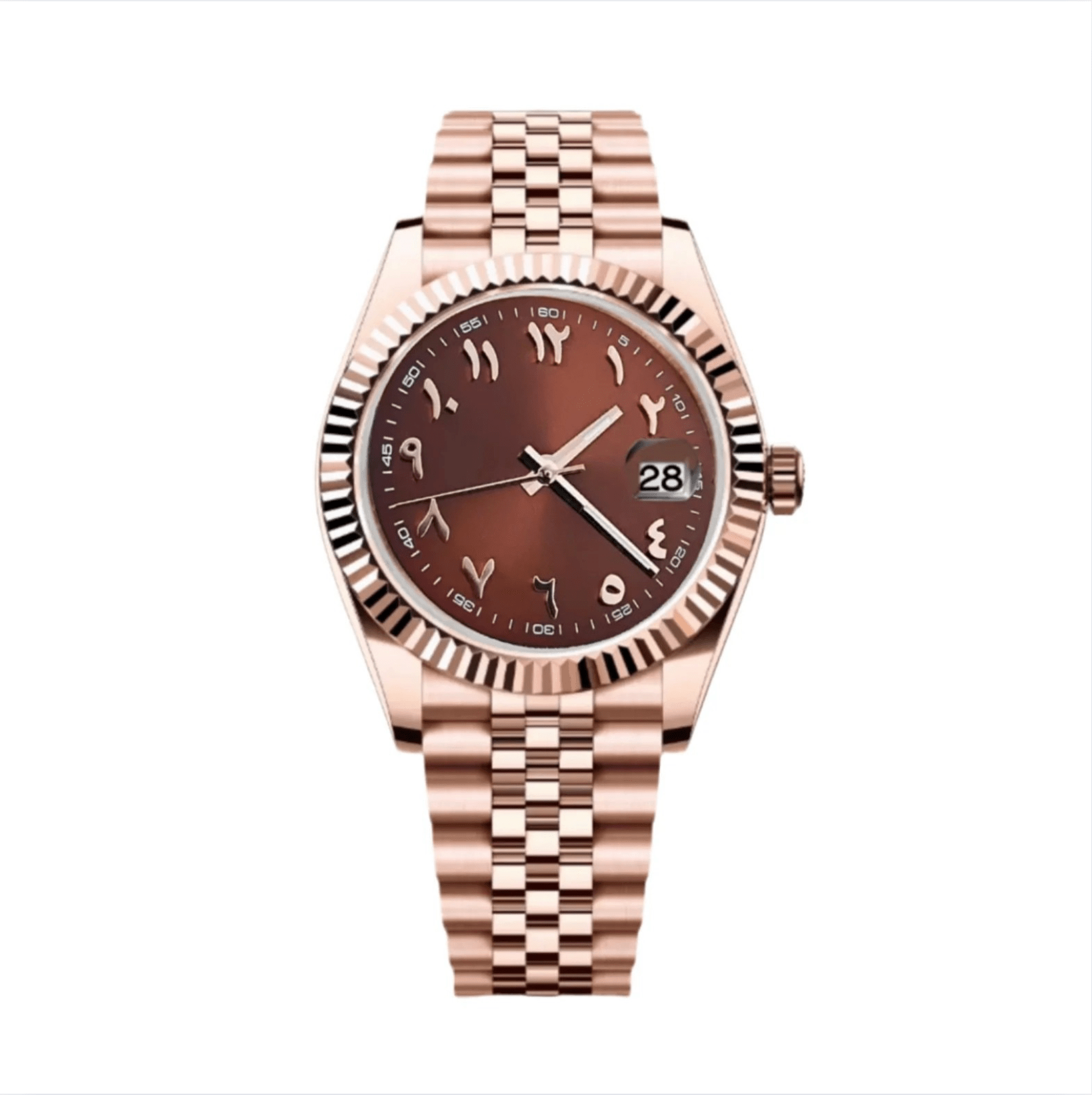 brown rose gold Arabic Seiko NH35 mod watch on jubilee bracelet, front view without logo