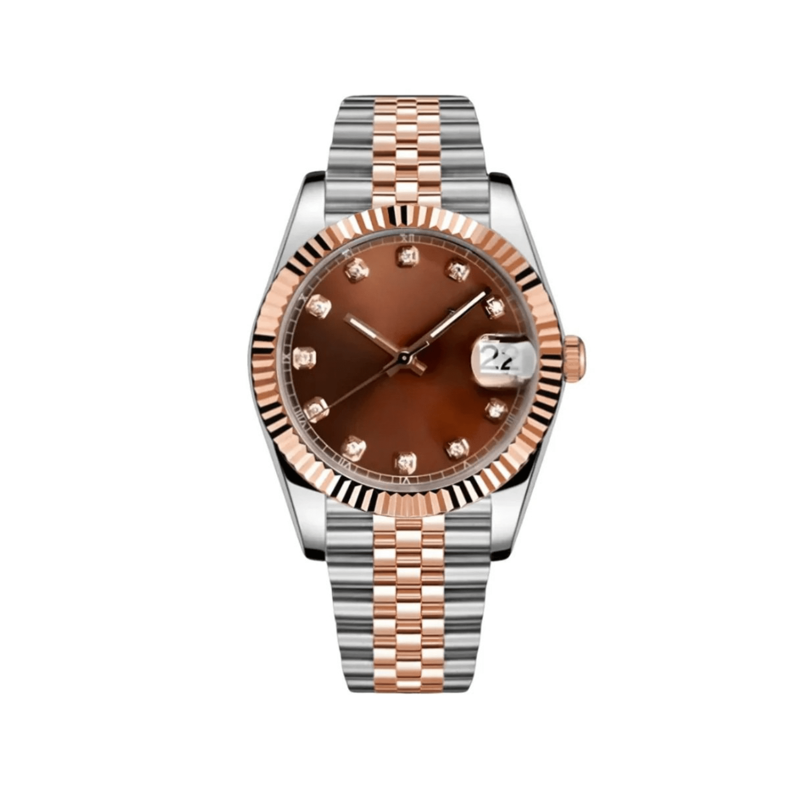 brown diamond dial two-tone rose gold and stainless steel Seiko NH35 mod watch on jubilee bracelet, front view no logo