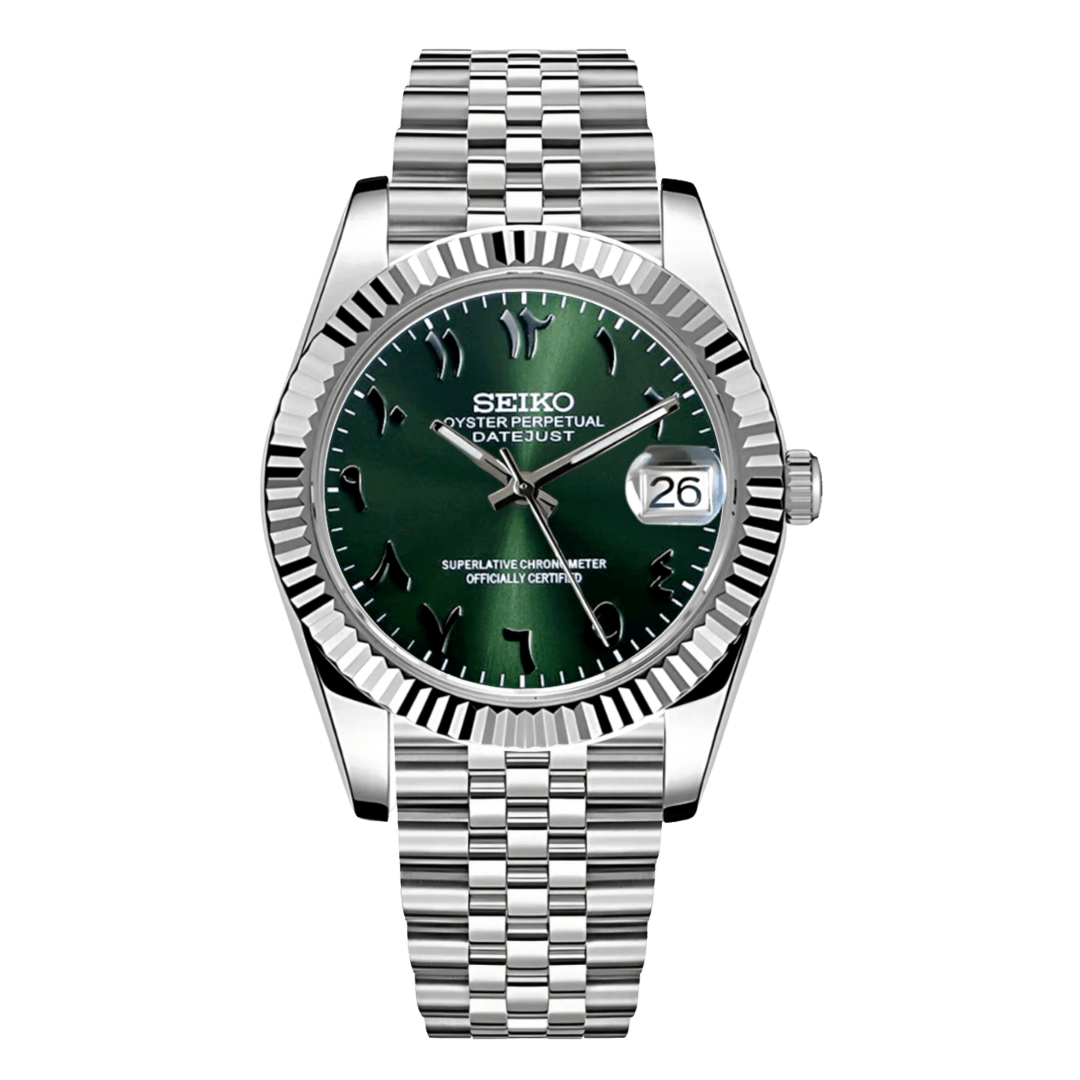 green Arabic dial stainless steel Seiko NH35 mod watch on jubilee bracelet, front view