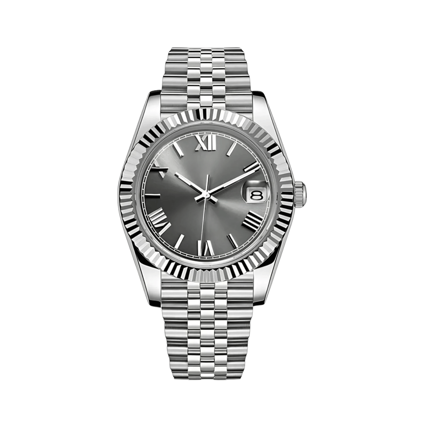 grey Roman dial stainless steel Seiko NH35 mod watch on jubilee bracelet, front view no logo