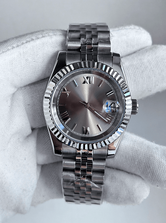 grey Roman dial stainless steel Seiko NH35 mod watch on jubilee bracelet, product shot